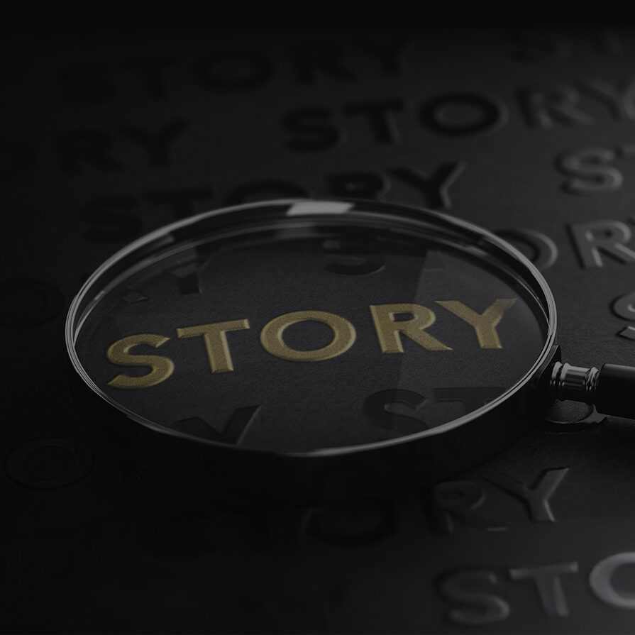3D illustration of a magnifying glass over the golden word story. Black background. Concept of storytelling and brand communication.