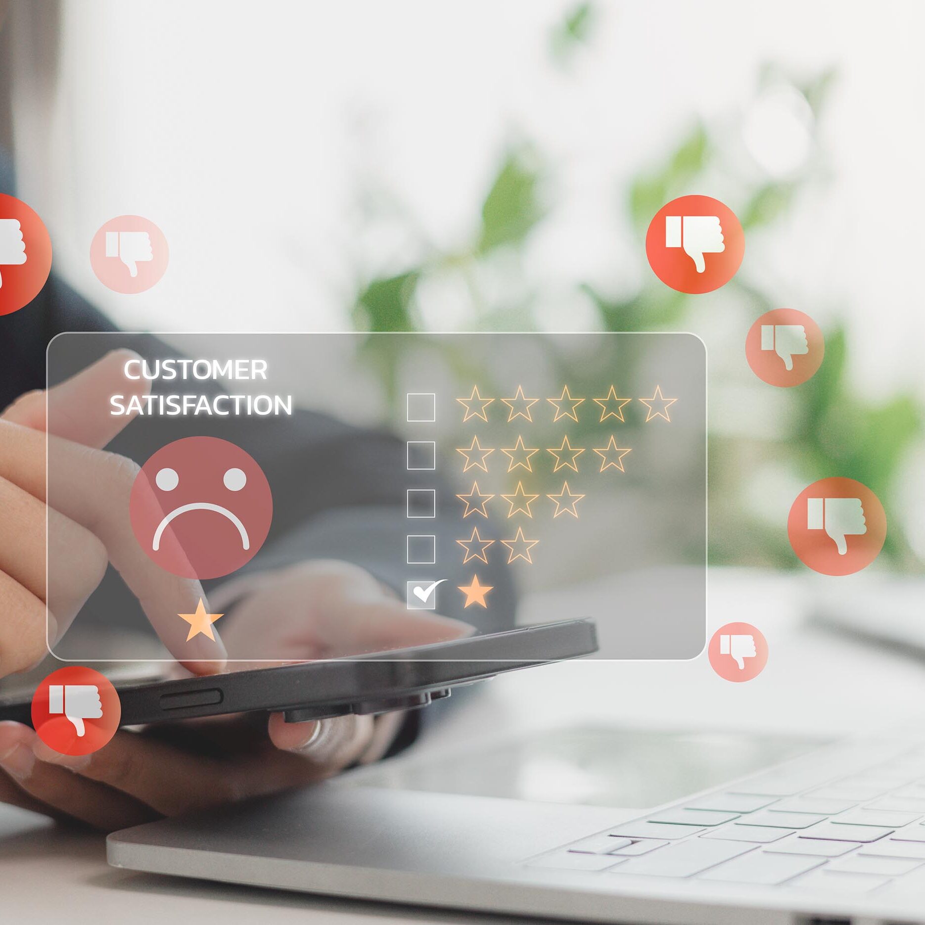 Customer Experience Dissatisfied Concept. Bad reviews and service dislike are poor quality, low ratings, and bad social media, which is not good.